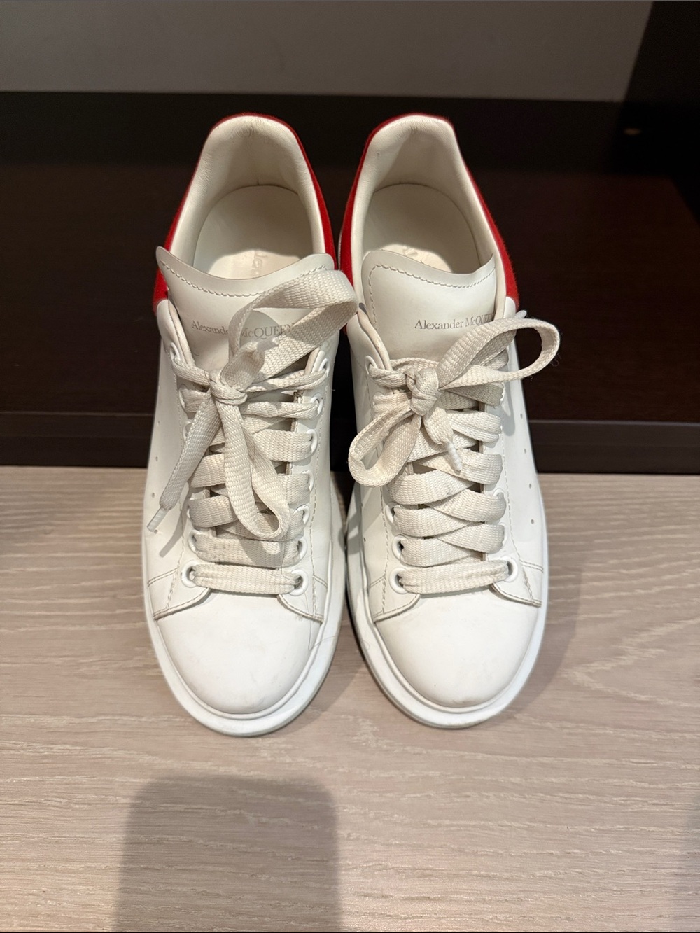 Alexander McQueen White Leather Sneakers with Red Heel Tab